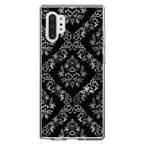 DistinctInk Clear Shockproof Hybrid Case for Galaxy Note 10 PLUS (6.8" Screen) - TPU Bumper, Acrylic Back, Tempered Glass Screen Protector - Black White Silver Grey Damask - Floral Damask Pattern