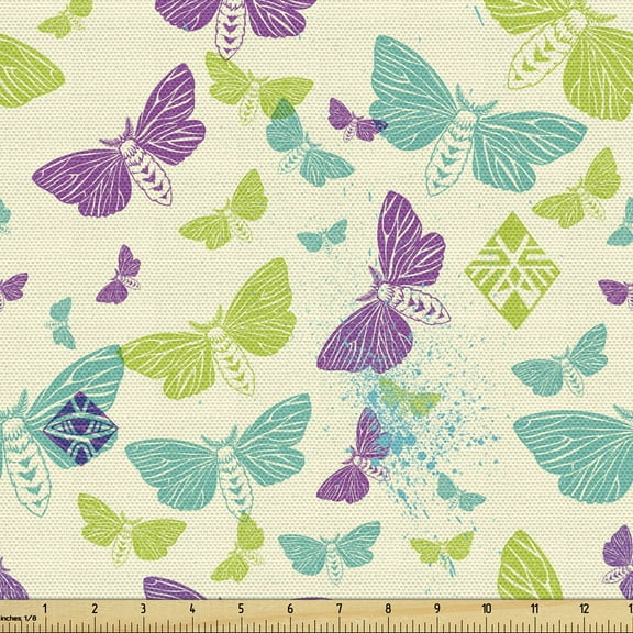 Butterfly Fabric by the Yard, Spring Moth Pattern with Tribal Effects, Decorative Upholstery Fabric for Chairs & Home Accents, 3 Yards, Cream Multicolor by Ambesonne