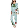 thumbnail image 2 of Puntoco Conjuntos de pijama cómodos para mujer Conjunto de pijama informal con cuello en V y pantalones largos con estampado navideño para mujer, 2 of 5