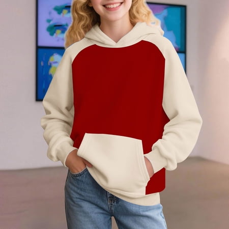 GiLiling Boys Girls Kids Hoodie Color Blocking Long Sleeve Sweatshirt Baggy Pullover Top with Pockets Soft Cozy Trendy Tops (Red 2-3 Years)