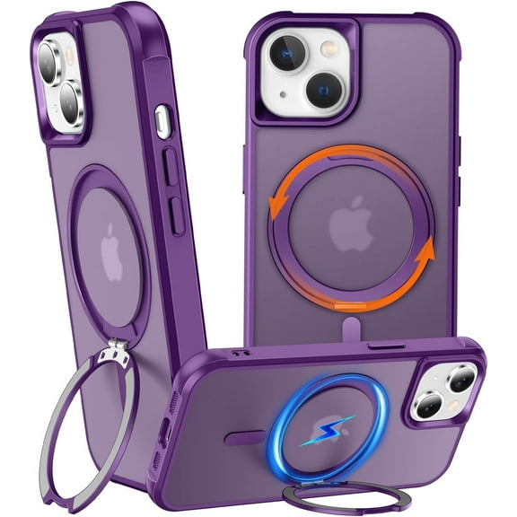 360° Rotatable Stand for iPhone 13 Case with Magnetic [ Grade Drop Tested][Adjustable Kickstand] Ring Translucent Slim Hard Back Soft Edge, Purple