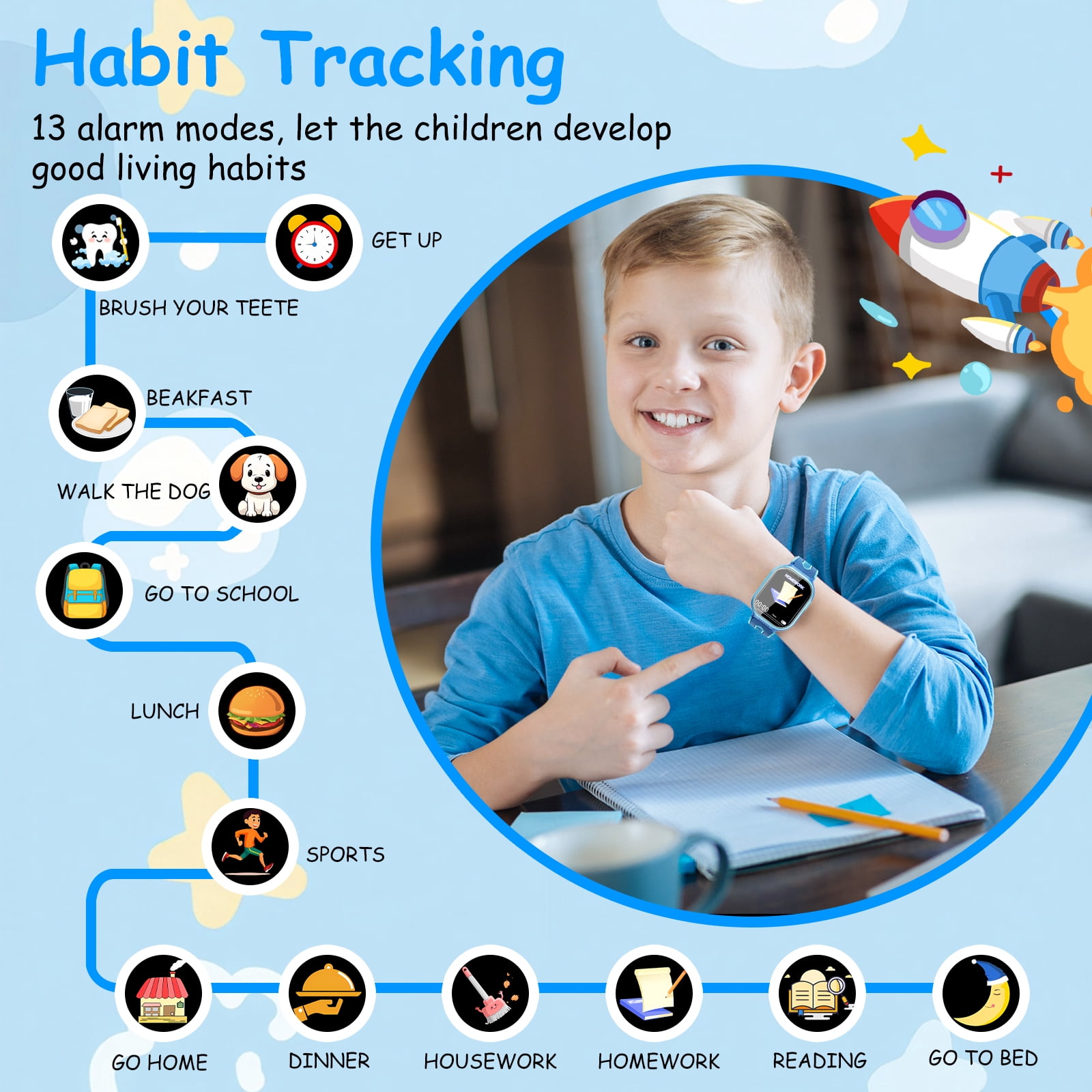 Kids Smart Watch for Boys Girls, 1.83"HD Smartwatch for Kids with Habit Tracker, 26 Games, Video Camera Music Player Pedometer Alarm Clock, Waterproof Smartwatches, Boys Girls Birthday Gift Blue