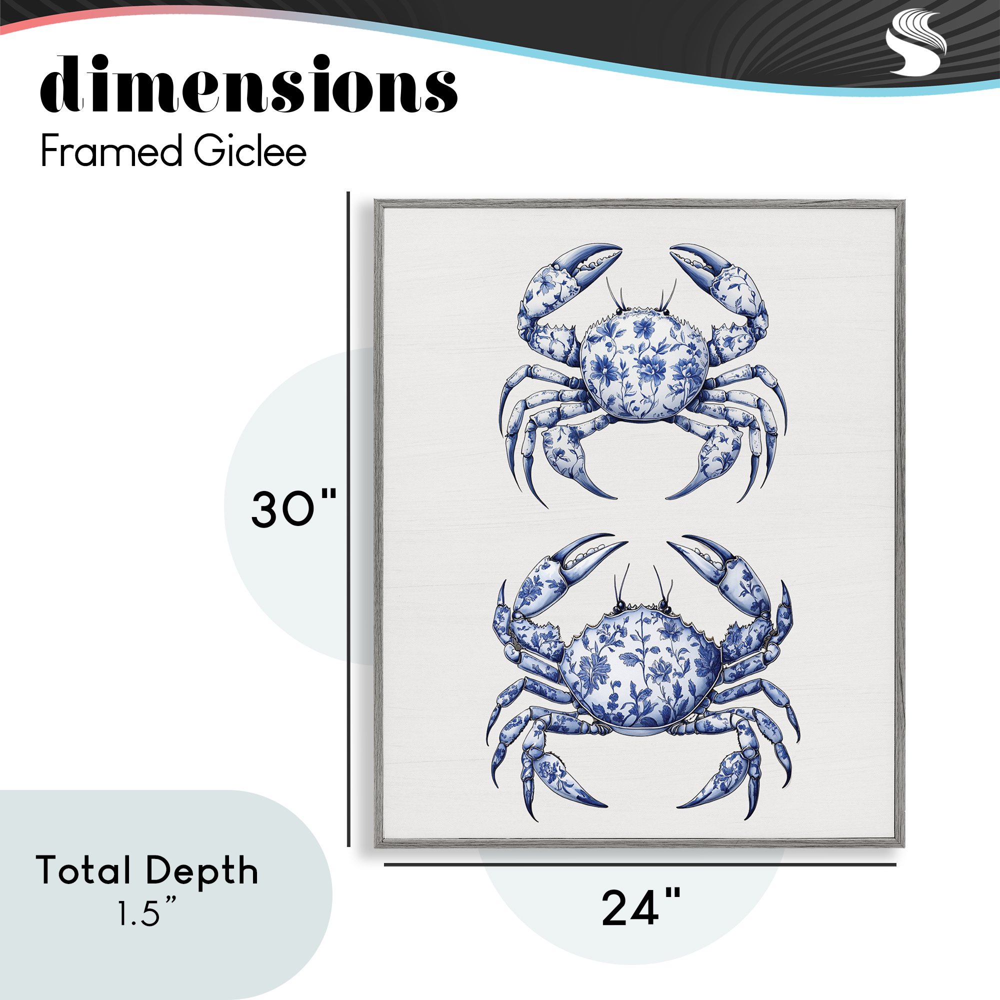 Vintage Toile Crabs Gray Framed Giclee Art, design by Lettered and Lined