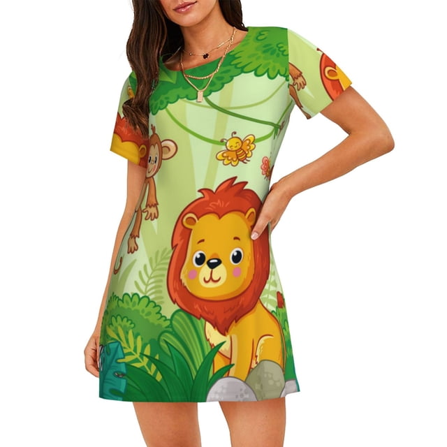 Easygdp African Animals in the Jungle Camisón de manga corta para mujer, informal, estampado