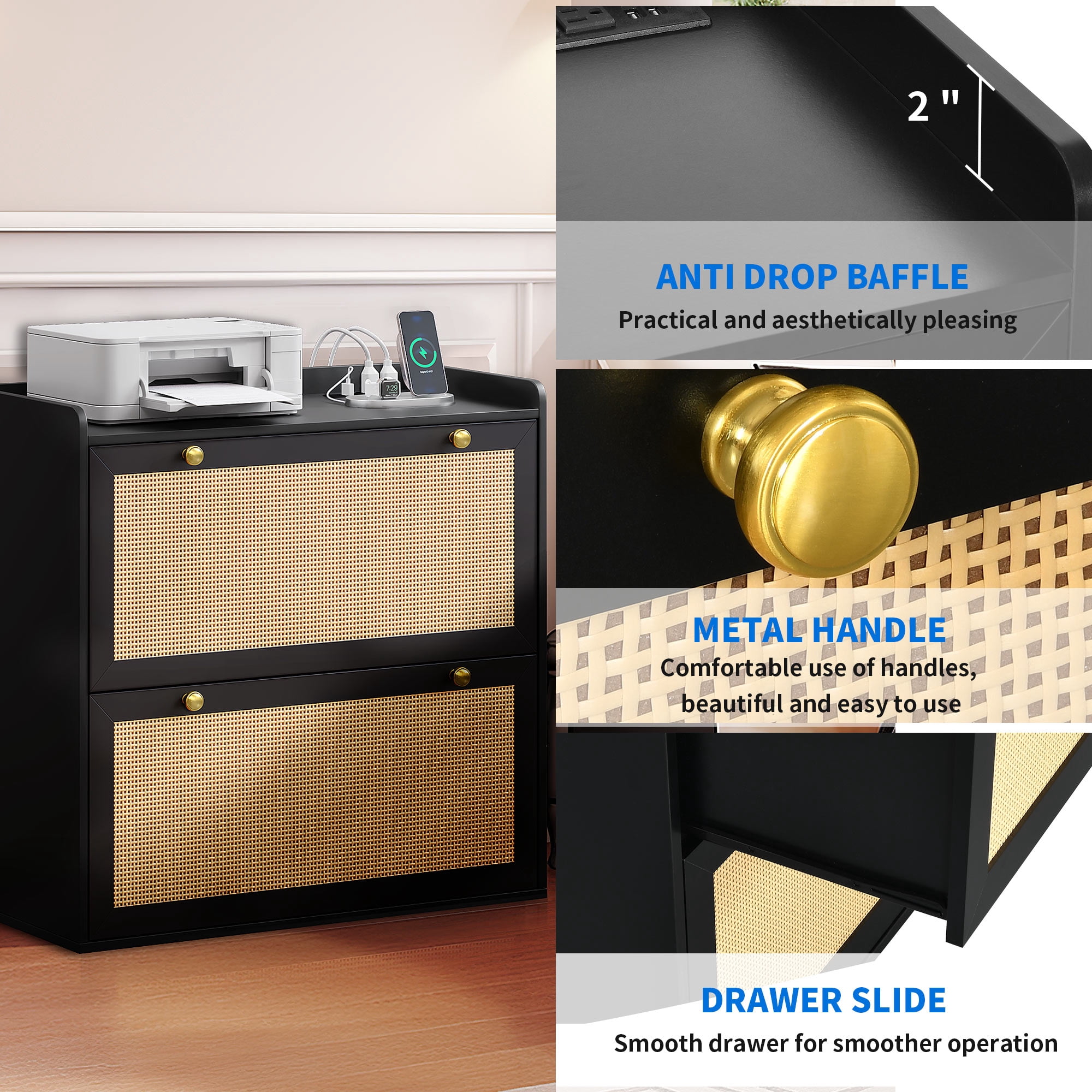 Dextrus Rattan 2 Drawer File Cabinet with Charging Station, Lateral Wood Filing Cabinet Printer Stand Fits A4 Letter Legal Size Files, Black