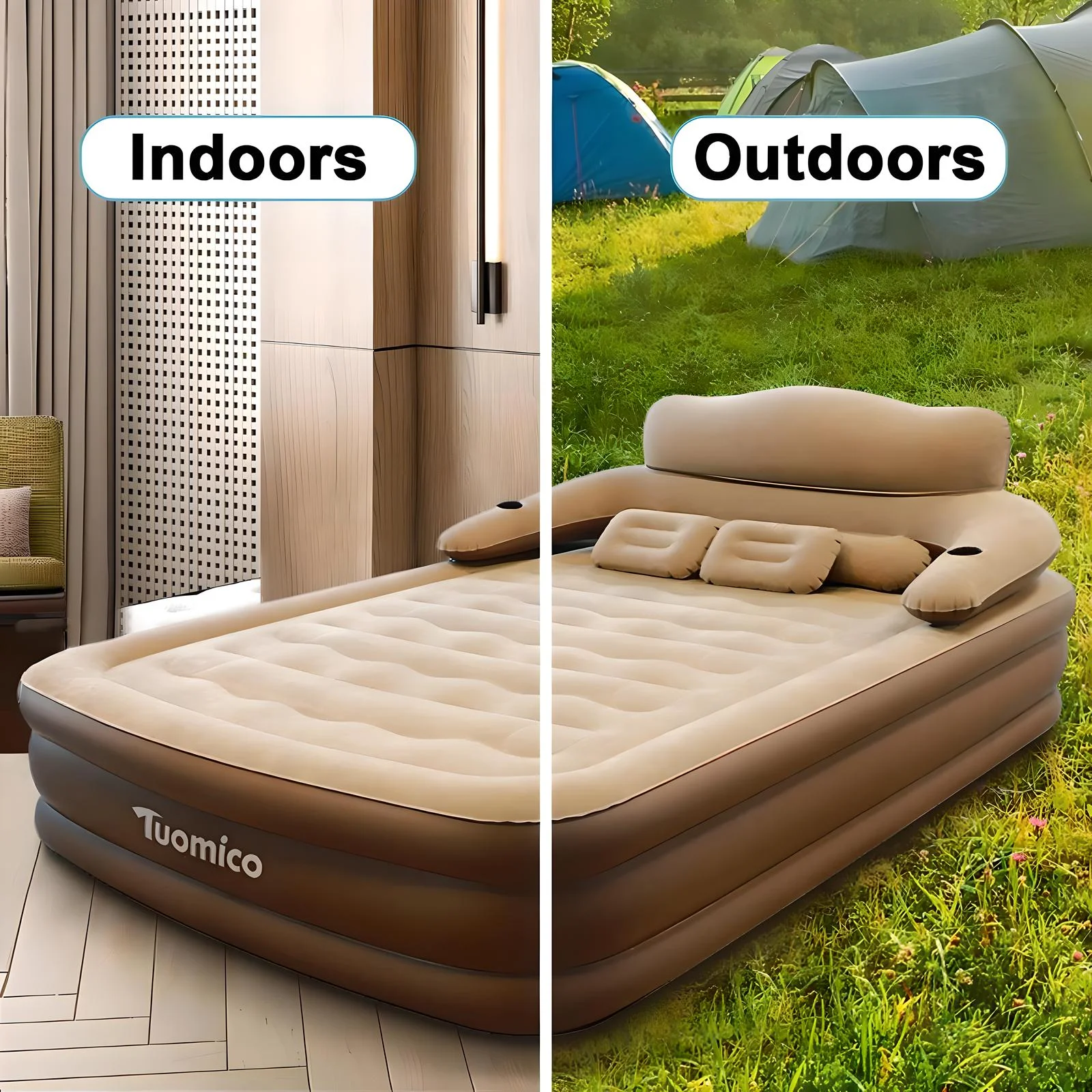 StarZe Air Mattress Queen with Built in Pump and Headboard，Inflatable Portable Mattress for Home, Camping & Guests,Gray.