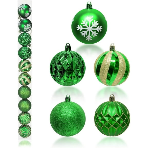 Green Christmas Ball Ornaments, 10 Ct 2.36" Pre-Strung Hanging Ornament Decorations, Xmas Shatterproof Plastic Balls for Holiday Party Wreath Garlands Trees,Shatterproof, Assorted Designs