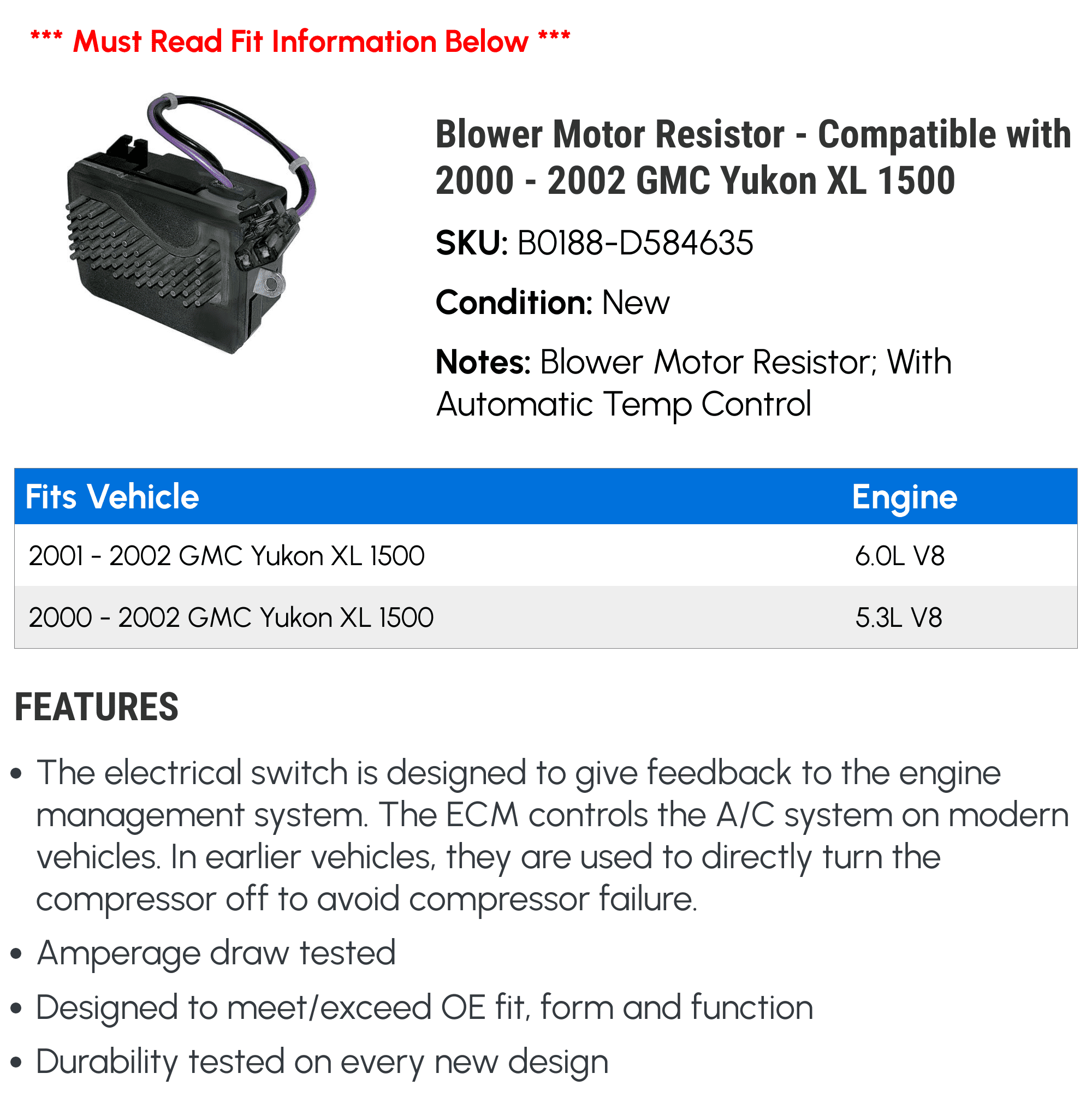 Blower Motor Resistor - Compatible with 2000 - 2002 GMC Yukon XL 1500 2001