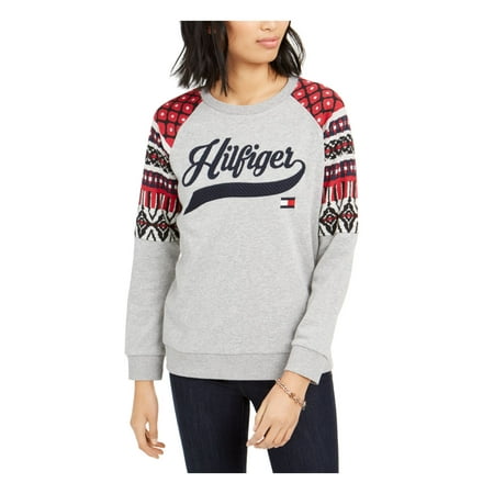 TOMMY HILFIGER Womens Gray Printed Long Sleeve Crew Neck Top Petites Size: XS