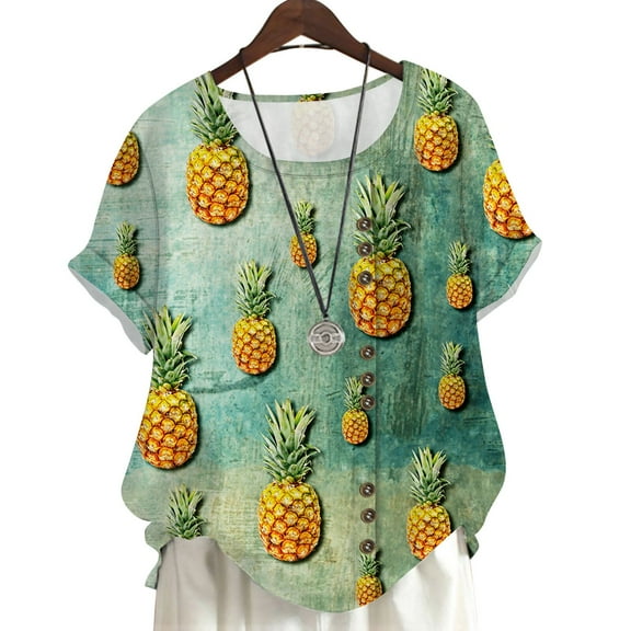 CLOOCL Crew Neck Blouse Art Pineapple 3D Printed Short Sleeve Tees Plus Size