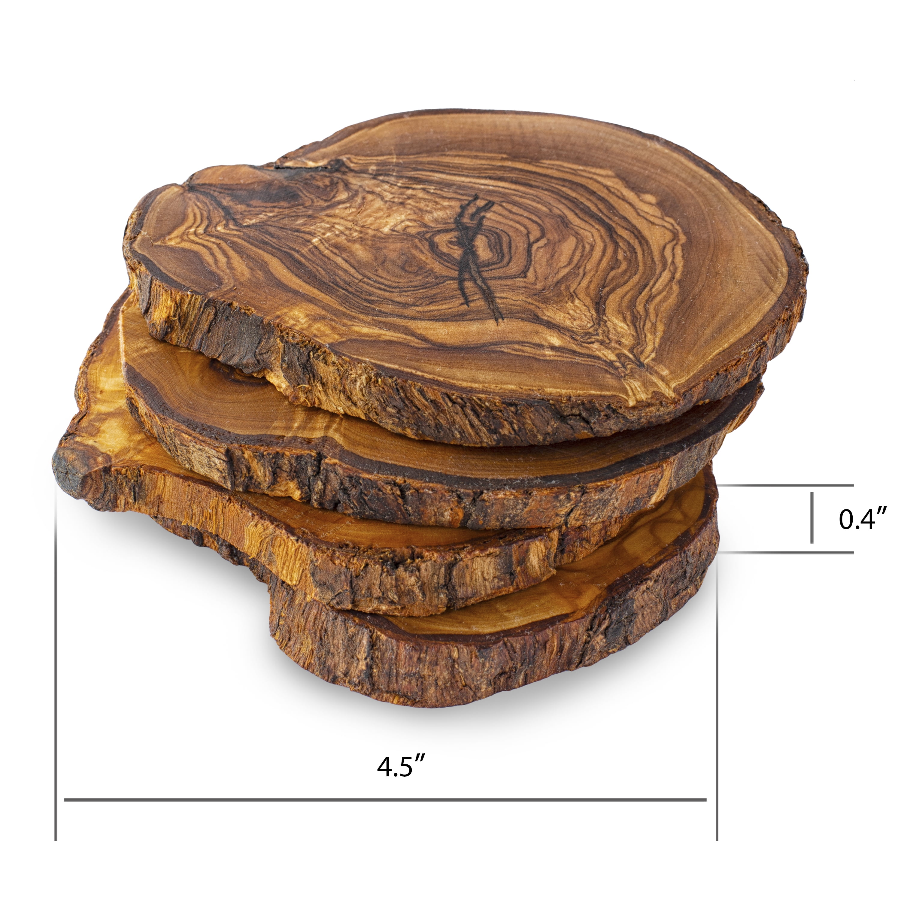 Olive Wood Table Coasters with Unique Round Holder - Set of 6 - Handmade  Wooden Cabin Decor Coaster Set for Home