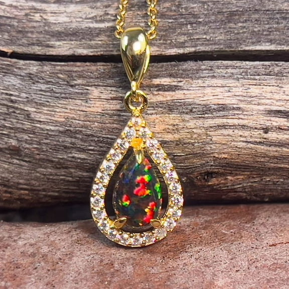 Gold Plated Teardrop Red Black Fire Opal Necklace - Elegance Reimagined- Sterling Silver