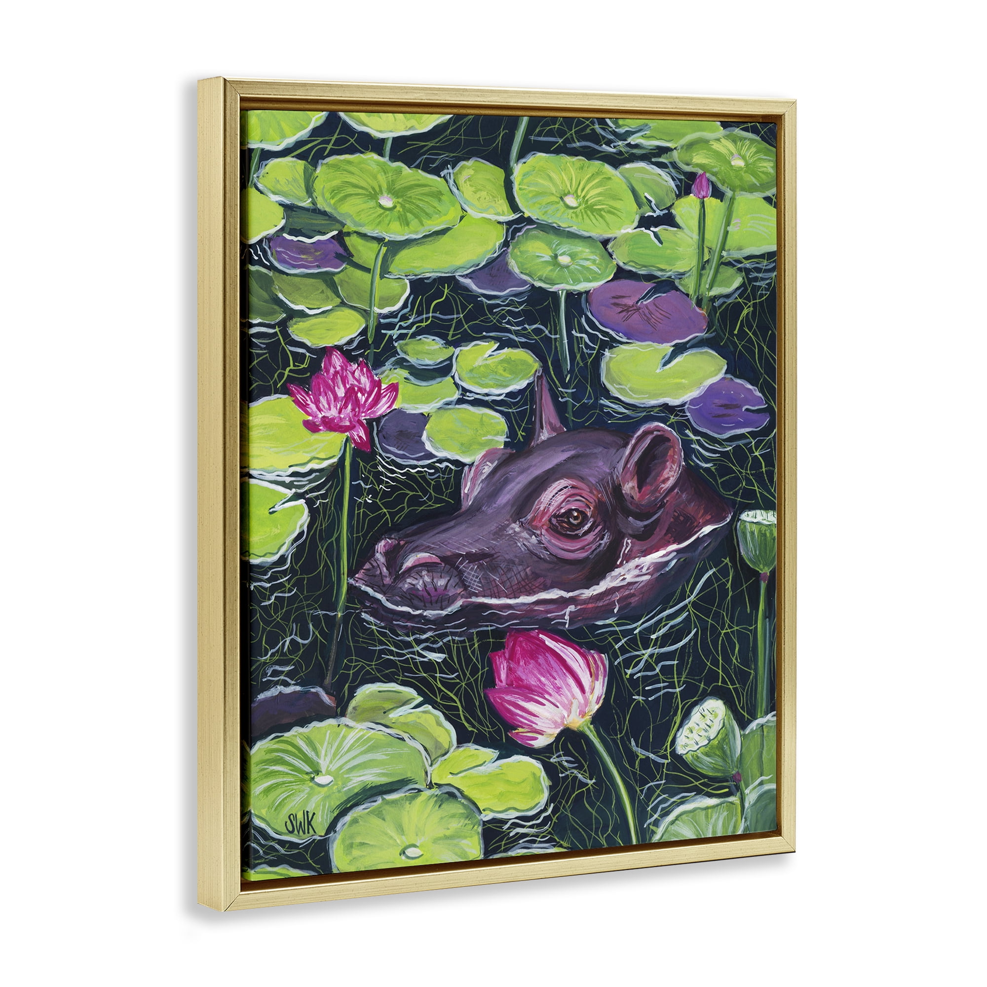 Stupell Industries Hippo & Blossoms Pond Gold Framed Floater Canvas Wall Art, design by Sarah Waldron Kimball