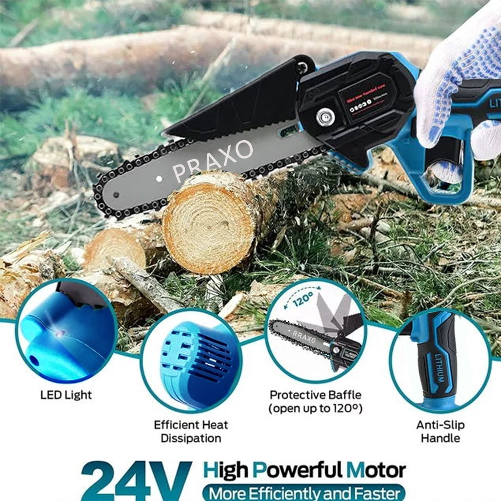PRAXO 6" Mini Chainsaw Cordless with 2 Batteries 2 Chains, 6-inch Battery Powered Chain Saws Handheld Electric ChainSaw Cordless Battery Chainsaw Wood Cutter
