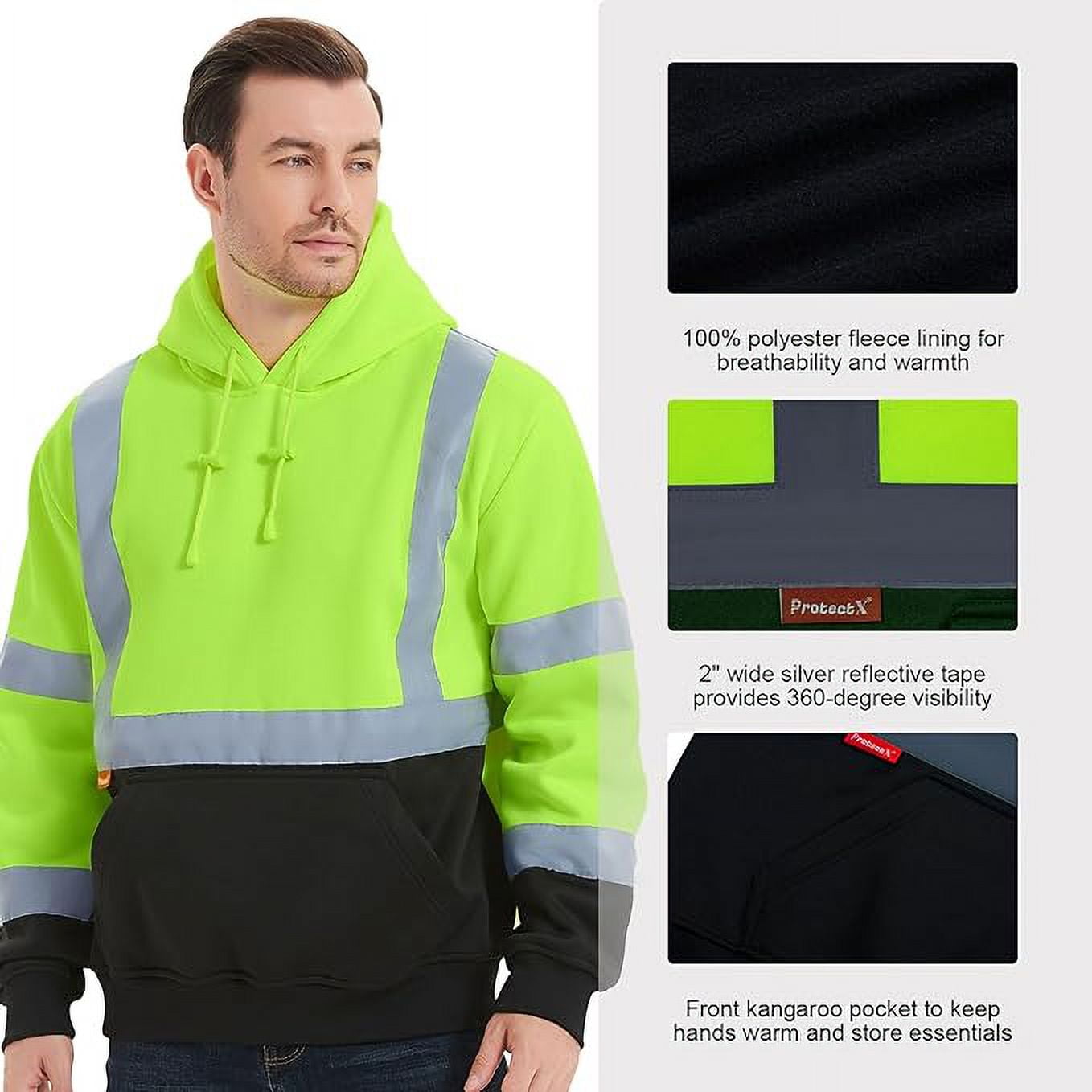ProtectX Hi Vis Safety Hoodie for Men Women, Class 3 Reflective High Visibility Sweatshirt with Large Pocket, Long Sleeve Hooded Drawstring Pullover for Work & Construction, Green, X Large