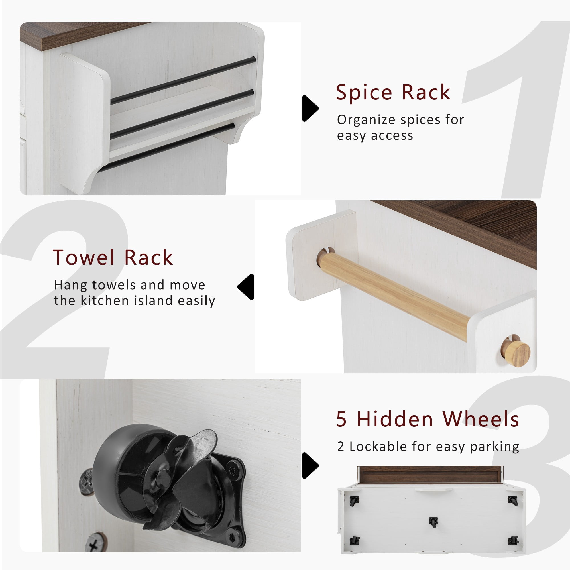 Homy Casa 52" Farmhouse Kitchen Island Cart with Power Outlet, Rolling Storage Cabinet, White