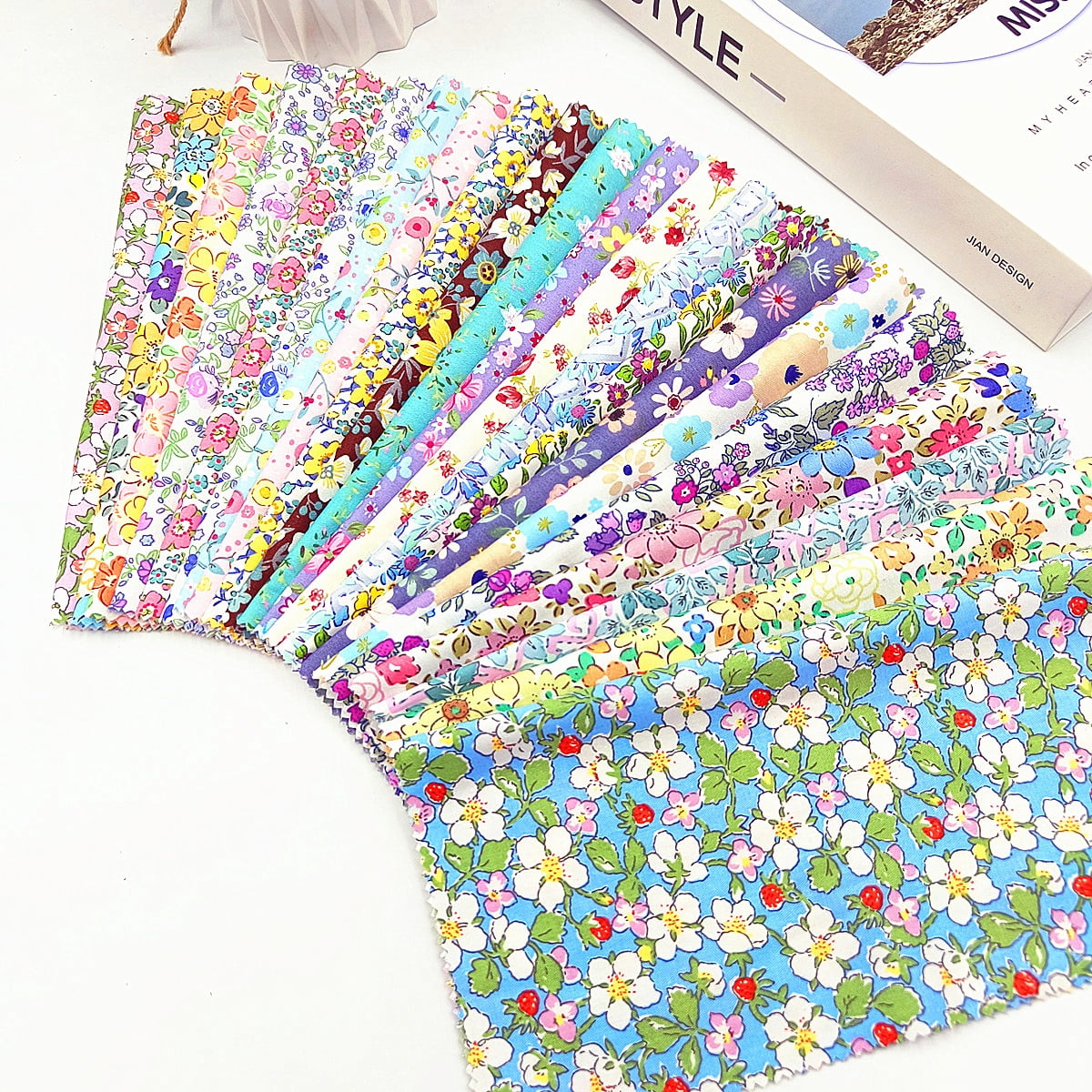 iMzoon 22Pcs 10" Cotton Fabric Quilting Squares,No Repeat Floral Charm Pack, Precut Pink Fabric for Sewing with Wavy Edges, DIY Scrapbooking Craft Supplies Muticolor