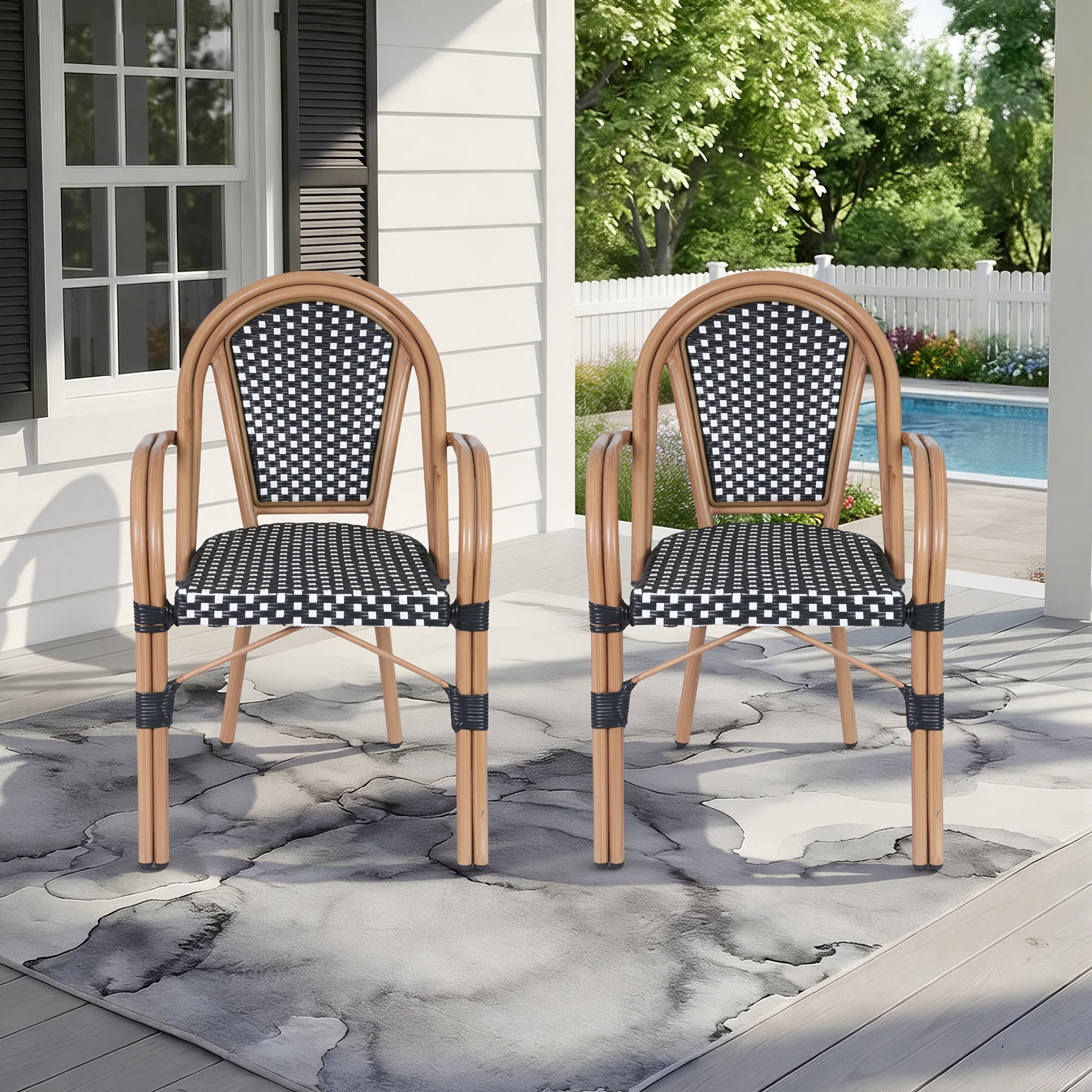 DELMANGO Metal & Faux Rattan Bistro Chairs, Stackable Patio Chairs, Outdoor Dining Armchairs, White/Black (Set of 2)