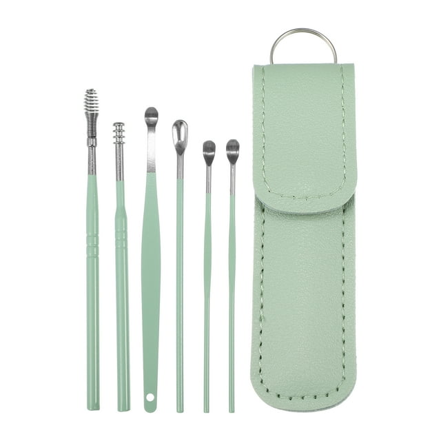 Unique Bargains 6Pcs Stainless Steel Ear Cleansing Tool Set with Faux Leather Packaging Green