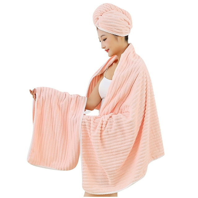 Set of 3 Coral Bath Towels with Shower Cap - Quick Drying Soft Water Absorbing Non-Linting