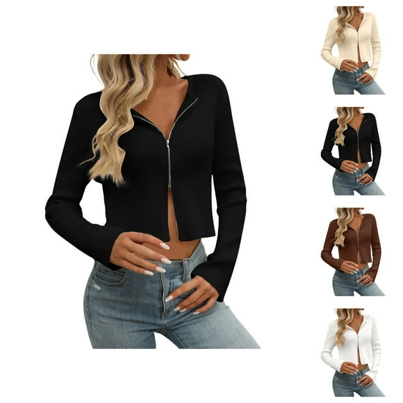 Cardigan Sweaters for Women 2025 Long Sleeve Zip Up Cropped Knitted Sweater Jacket Coat Womens Cardigan Sweaters