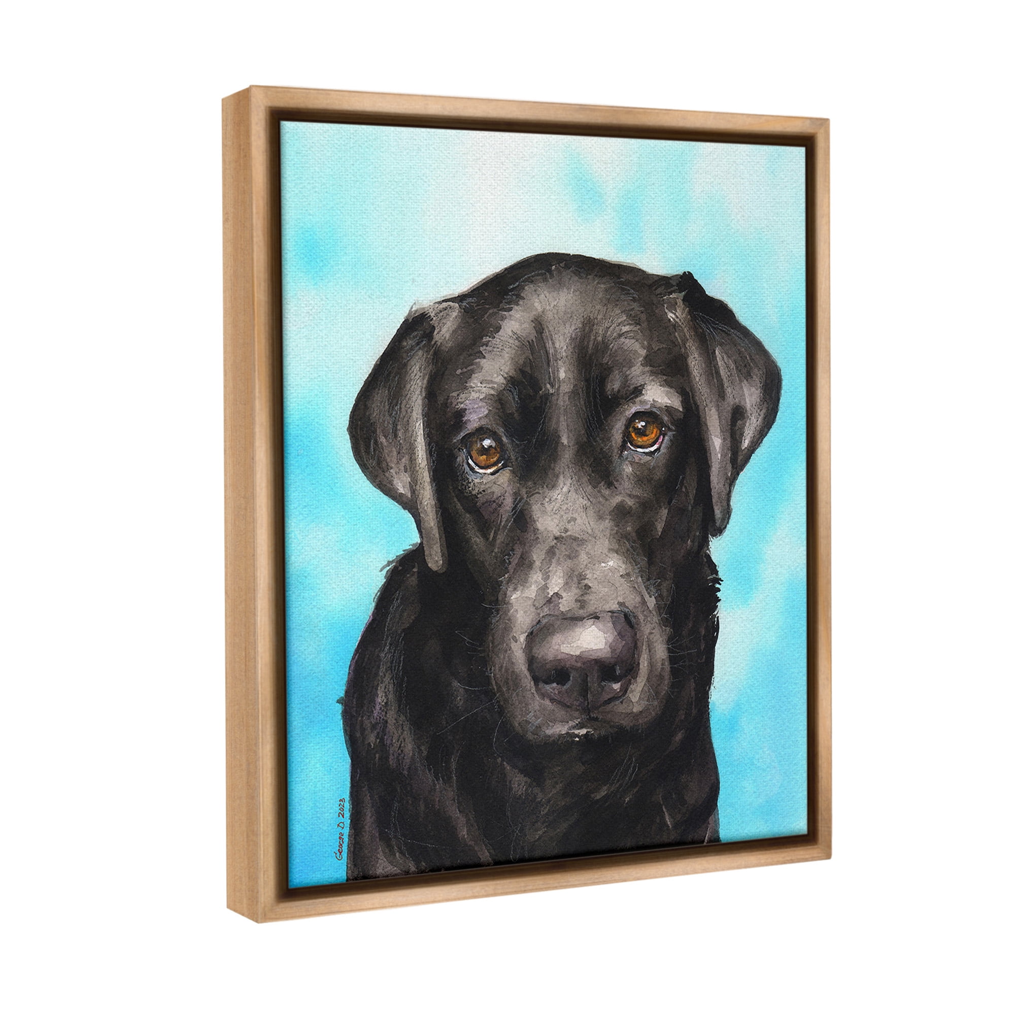Stupell Industries Black Lab Portrait on Blue Animals & Insects Painting Brown Floater Framed Canvas Art Print Wall Art, 17 x 21
