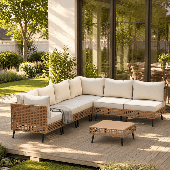 KAMEROUT 7-Piece Outdoor Wicker Patio Furniture Conversation Set, Sectional Sofa with Cushions, Beige