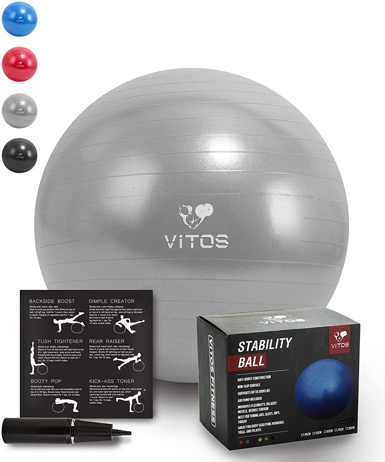 Extra Thick Non Slip Supports 2200LB for Fitness Stability Birth Balance Pilates Workout Guide Quick Pump Included Professional Quality Design Vitos Anti Burst Exercise Yoga Ball