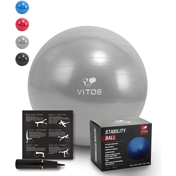 Vitos Fitness Anti Burst Stability Ball Extra Thick Non Slip Supports 2200LB for Fitness Exercise Birth Balance Yoga Workout Guide & Quick Pump Included Professional Quality Design (Silver, 65 cm)