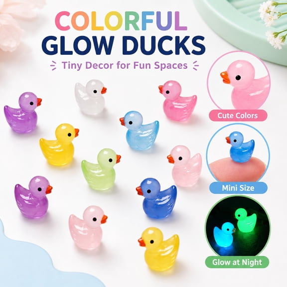 100 Pcs Glow In The Dark Mini Ducks, Tiny Resin Duck Figurines 10 Colorful Resin Ducks With Glow-In-The-Dark Design,For Fairy Garden,Micro Landscape Ornaments