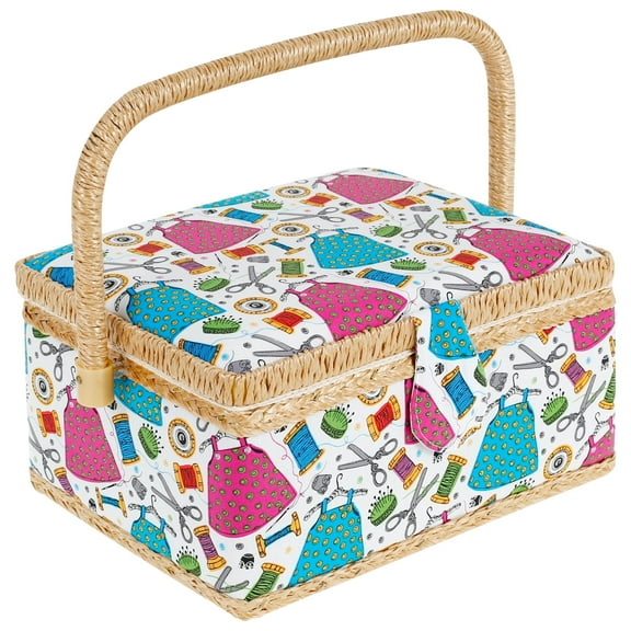 Ikoopy Sewing Basket with Removable Tray Practical Sewing Basket Organizer with Interior Pocket Portable Sewing Storage Box Stylish Sewing Kit Basket for Needles Thread Tape Measure