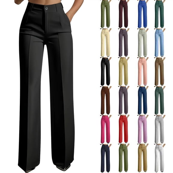 Axiiglly Wide Leg Pants Women High Waist Button Dress Pants with Pockets Solid Color Business Casual Flowy Work Palazzo Suit Pants, S-3XL