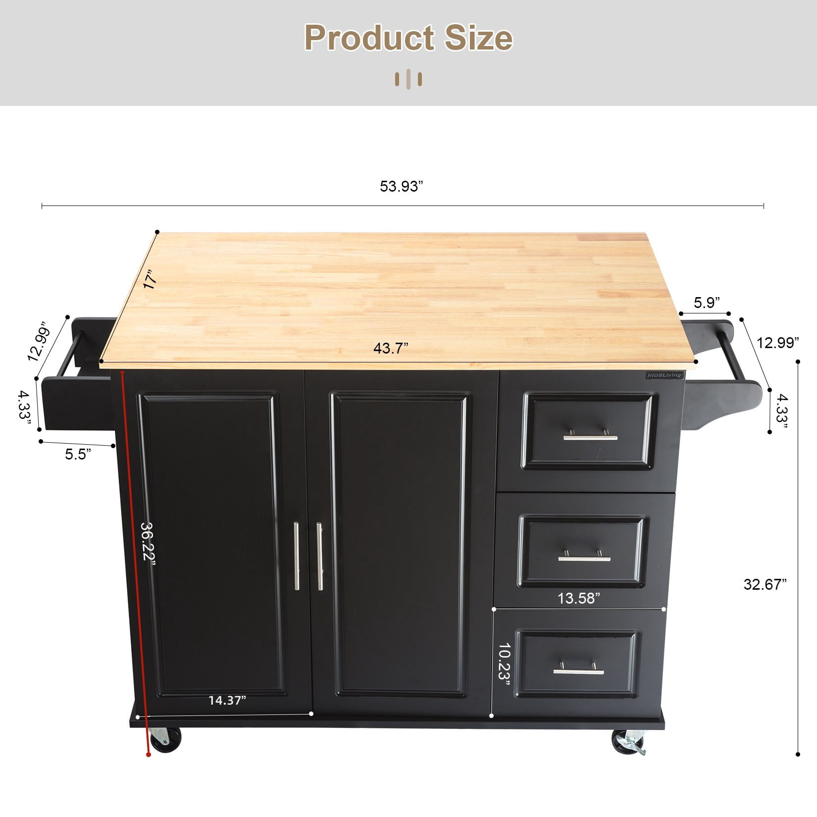 Kitchen Island Cart with Rubber Wood Top, Black
