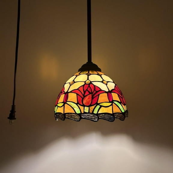 Tiffany Mini Pendant Lights Plug In Stained Glass Red Tulips LED Bulb Included 8"W*8"D*60"H