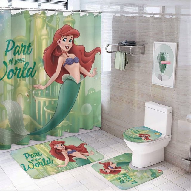 Juego de 4 cortinas de ducha de La Sirenita con alfombras antideslizantes, tapa de inodoro y alfombrilla de baño, cortina de ducha impermeable con decoración de dibujos animados para baño con 12
