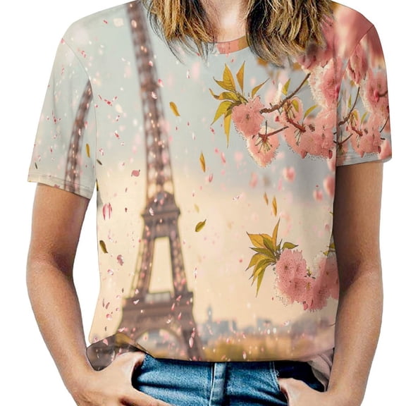 Blossoming Paris Eiffel Tower T Shirts Basic T-Shirt Short Sleeve Ladies Tee Shirt Summer Graphic Clothing