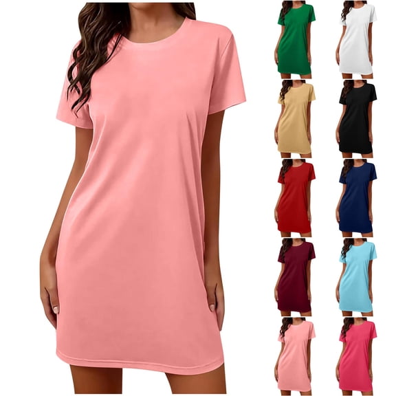Asxite Womens Pajamas Solid Crew Neck Short Sleeve Nightgown Dress Casual Comfortable