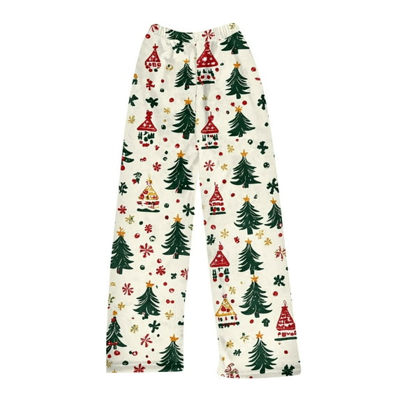 Women's Christmas Print Plush Pajama Pants, Soft and Comfortable Home Wear Trousers for Winter, Casual Sleepwear with Festive Design,Beige,XS