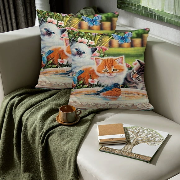 Cute Cat Linen Pillowcase - 45x45 cm Green Polyester Decorative Pillow Cover with Invisible Zipper for Sofa & Bed | Washable & Wrinkle Resistant