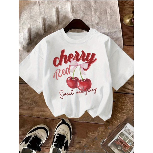 Casual Summer T-Shirt with Cherry Sweet Anniversary Graphic Print - Regular Fit Short Sleeve Round Neck Top for Boys & Girls, Summer T Shirts