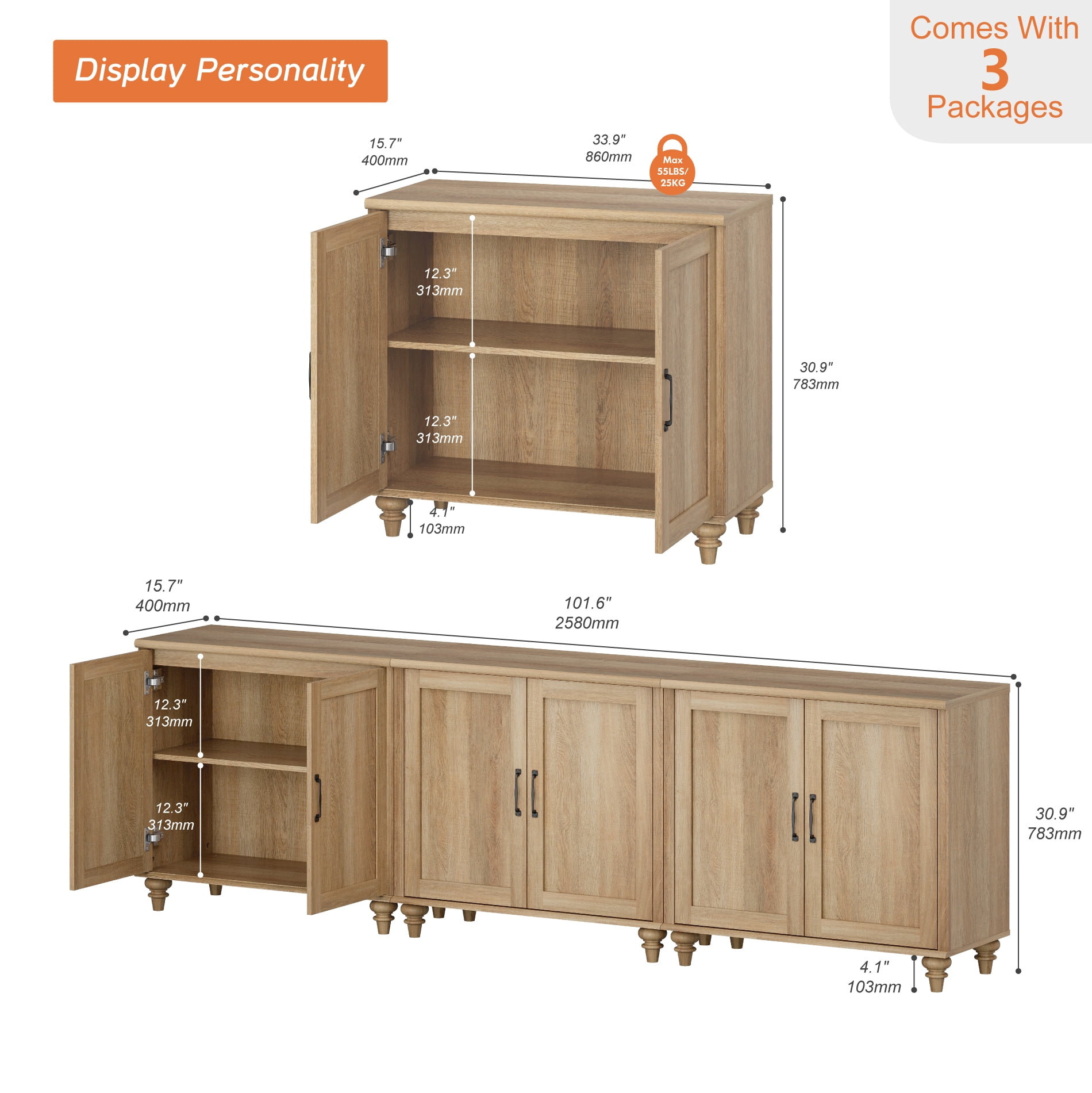 Modern Farmhouse Credenza, 101" Oak Storage Sideboard with Wood Doors