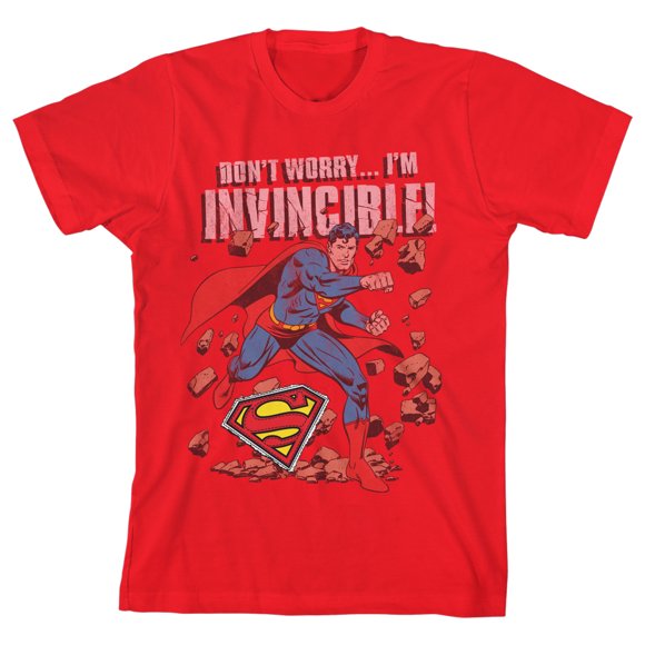 Superman Don't Worry I'm Invincible Boy's Red T-shirt-Medium