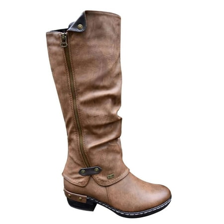 

Women Western Cowboy Knee Boots Punk Boots Low Thick Heel Vintage Side Zipper Booties 42 Camel