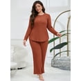 thumbnail image 2 of ValueVibe Plus Size Pajama Sets for Women Long Sleeve Lounge Sets 2 Piece Crew Neck Loungewear with Chest Pocket, Brick Red 1XL, 2 of 8