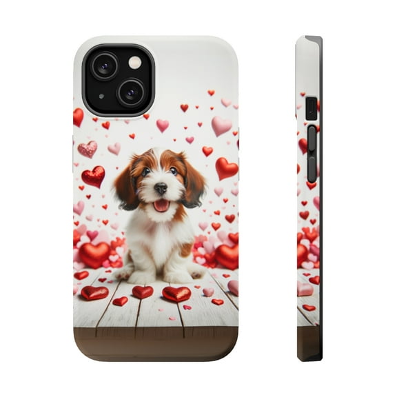 DistinctInk Tough Case for Apple iPhone 14 (6.1" Screen), Compatible with MagSafe Charging - Valentine's Day Petit Basset Griffon Vendéen Puppy