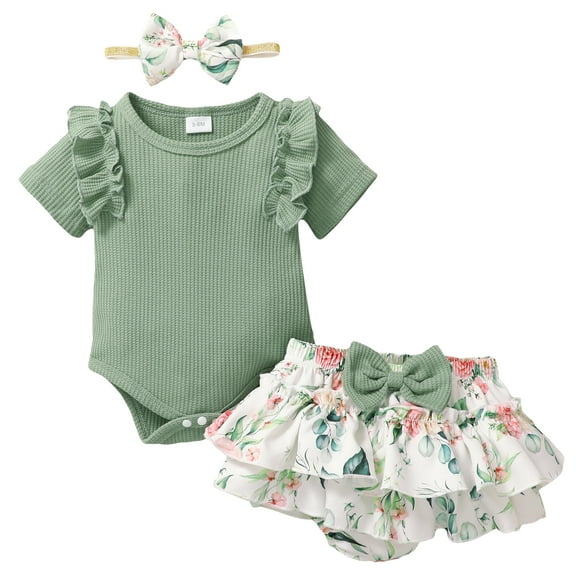 Kucnuzki 3 Months Baby Girl Summer Outfits Shorts Sets 6 Months Short Sleeve Rib Knitted Romper Top Elastic Floral Briefs Shorts Headband 3PCS Set Green