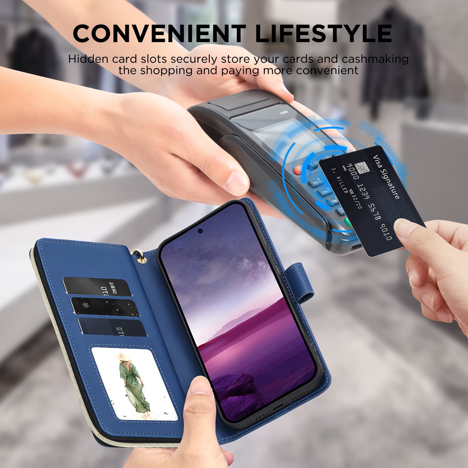 for Samsung Galaxy A26 5G Crossbody Wallet Case with 9 Card Holders, Cash Slot, Photo Slot, Zipper Pocket PU Leather Magnetic Snap Wallet Phone Case with Flip Stand & Wrist Strap & Lanyard, Blue