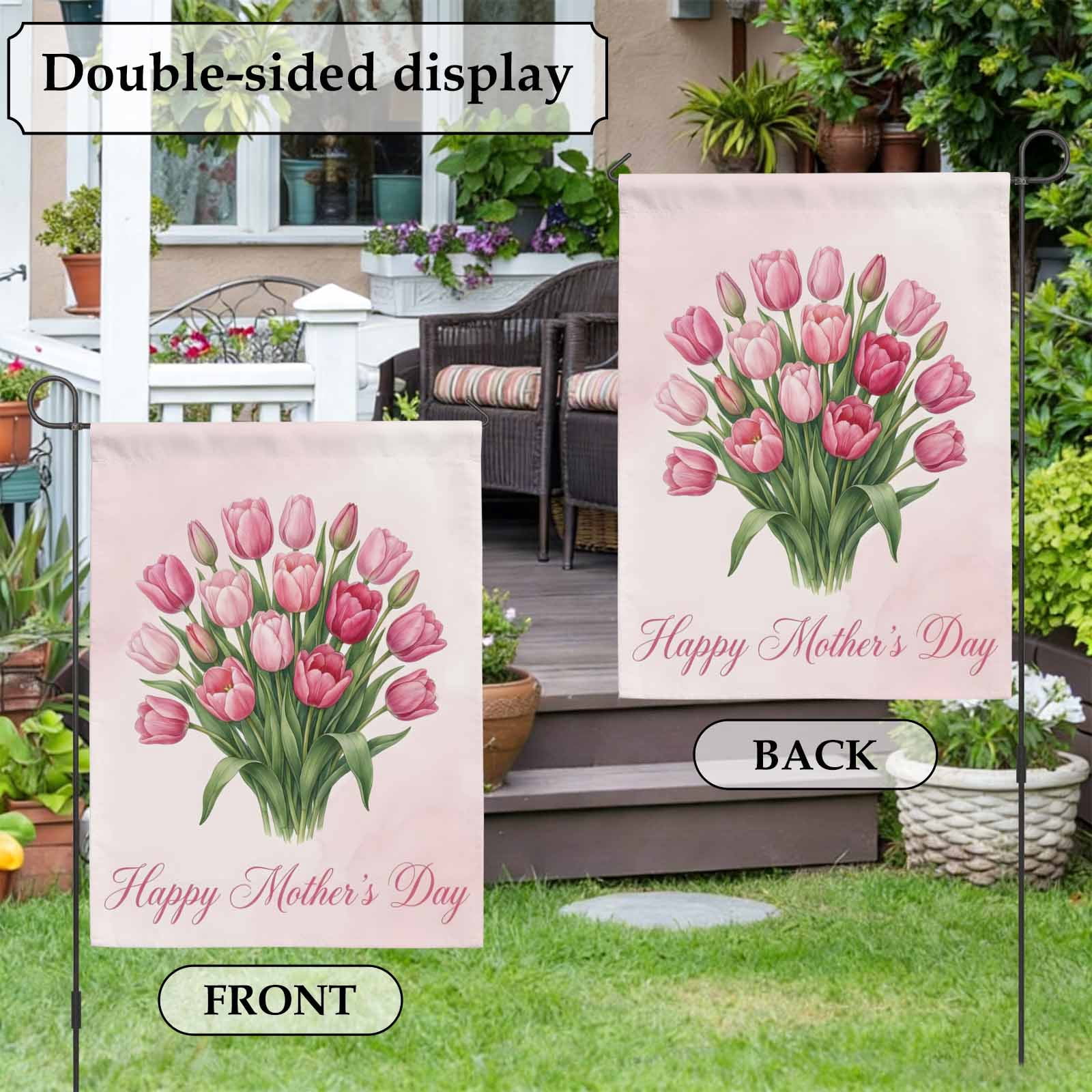 Mother's Day House Flag 28 x 40 Inches, Pink Tulips Watercolor Flower Weather Proof Outdoor Patio Flags Double Sided Small House Decoration for Yard Lawn Outside Home