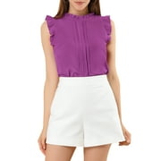 Allegra K Women's Ruffled Mandarin Collar Sleeveless Pleated Work Blouse