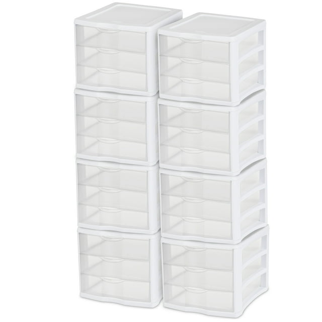Sterilite ClearView Système d'Organisateur de Rangement Empilable à 3 Tiroirs, (Lot de 8)